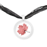 Red Maple Leaf Color Pencil Drawing Style 1" Pendant Necklace in Silver Tone