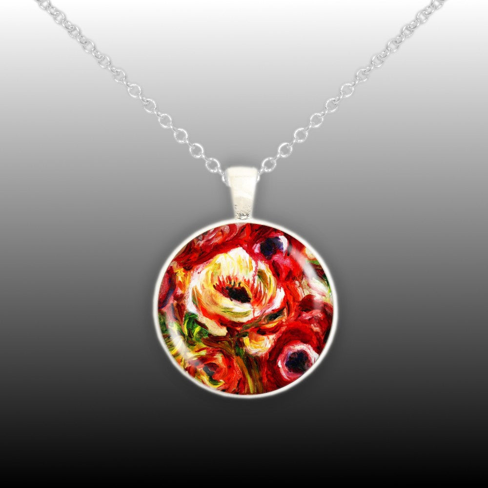White & Red Anemone Flowers Windflowers Renoir Art Painting 1" Pendant Cable Chain Necklace Silver Tone or Gold Tone
