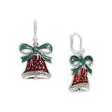Red Bell Fancy Swirl Design & Topped with Green Bow Earrings in Silver Tone, Christmas, Holidays, Winter
