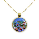 Floating Flowers Red Water Lilies Monet Painting 1" Pendant Cable Chain Necklace in Silver Tone or Gold Tone