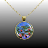 Floating Flowers Red Water Lilies Monet Painting 1" Pendant Cable Chain Necklace in Silver Tone or Gold Tone