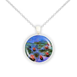 Floating Flowers Red Water Lilies Monet Painting 1" Pendant Cable Chain Necklace in Silver Tone or Gold Tone