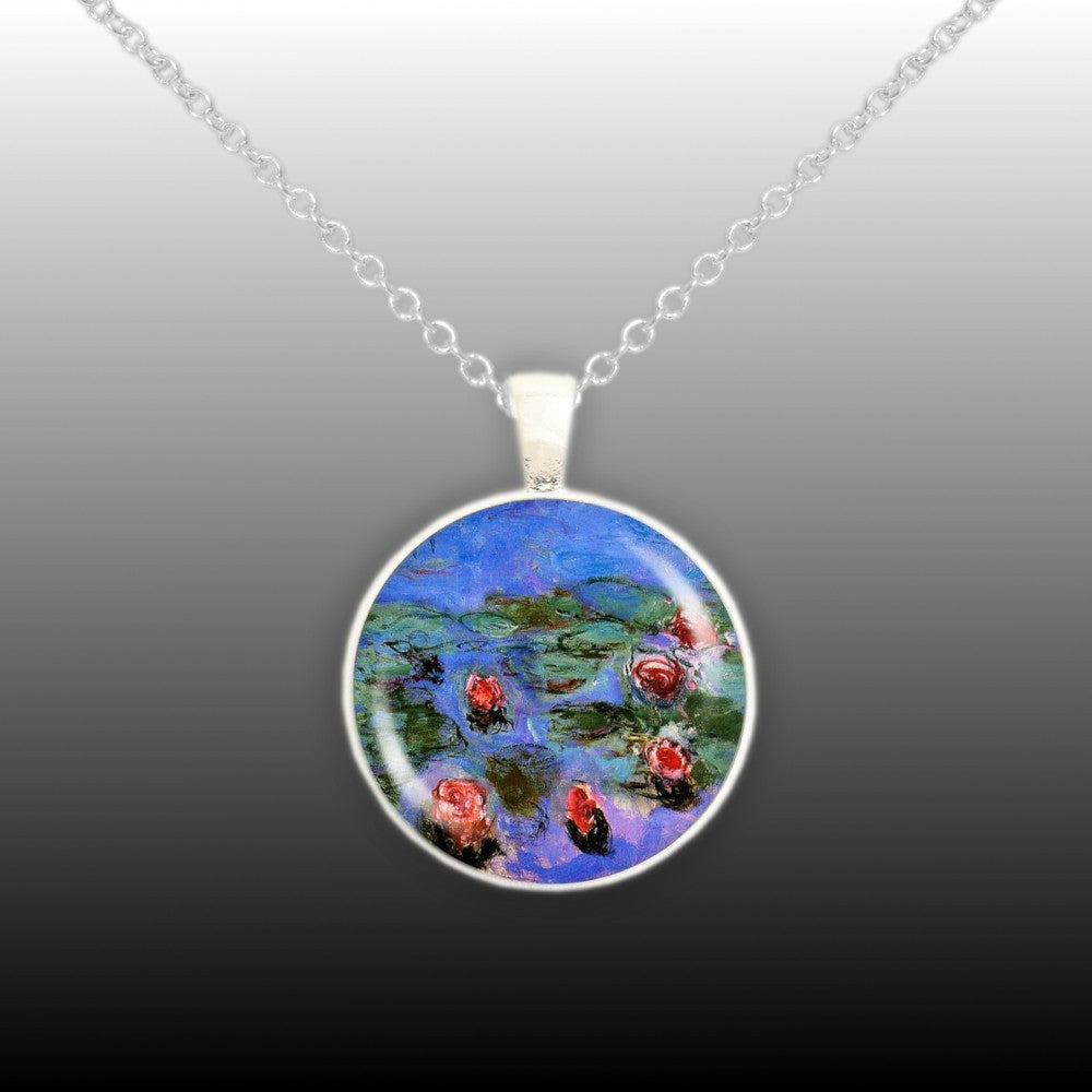 Floating Flowers Red Water Lilies Monet Painting 1" Pendant Cable Chain Necklace in Silver Tone or Gold Tone