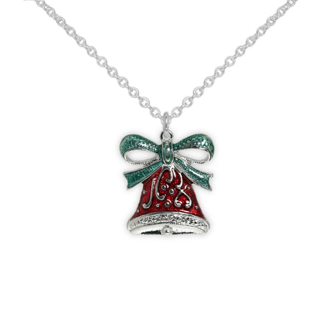 Red Bell Fancy Swirl Design & Topped with Green Bow Petite Pendant Necklace in Silver Tone, Holiday, Winter, Christmas