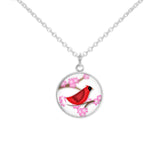 Crimson Red Cardinal Bird w/ Pink Cherry Blossom Flowers Folk Style 3/4" Charm for Petite Pendant or Bracelet in Silver Tone