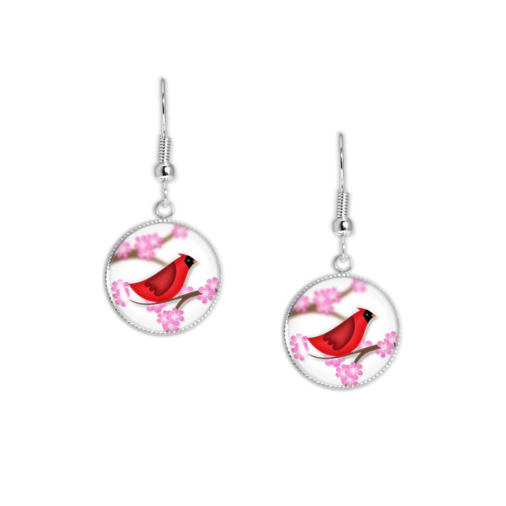 Crimson Red Cardinal Bird w/ Cherry Blossom Flowers Folk Art Style Dangle Earrings w/ 3/4" Art Charms in Silver Tone