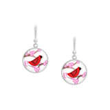 Crimson Red Cardinal Bird w/ Cherry Blossom Flowers Folk Art Style Dangle Earrings w/ 3/4" Art Charms in Silver Tone