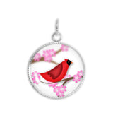 Crimson Red Cardinal Bird w/ Pink Cherry Blossom Flowers Folk Style 3/4" Charm for Petite Pendant or Bracelet in Silver Tone