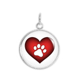 White Paw Print Silhouette on Puffy Red Heart 3/4" Charm for Petite Pendant or Bracelet in Silver Tone