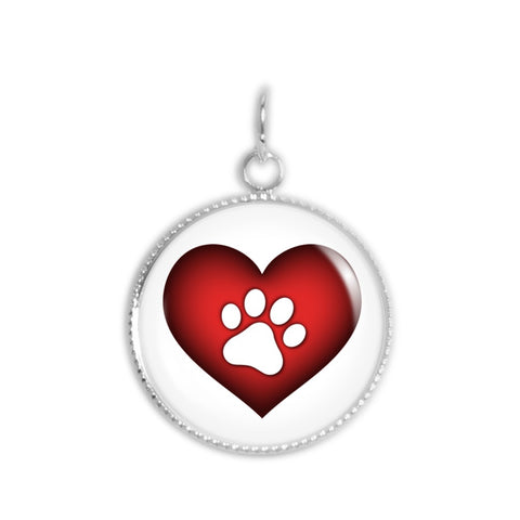 White Paw Print Silhouette on Puffy Red Heart 3/4" Charm for Petite Pendant or Bracelet in Silver Tone
