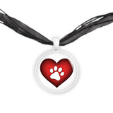 White Paw Print Silhouette on Puffy Red Heart 1" Pendant Necklace in Silver Tone