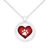White Paw Print Silhouette on Puffy Red Heart 1" Pendant Necklace in Silver Tone