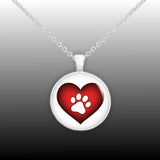 White Paw Print Silhouette on Puffy Red Heart 1" Pendant Necklace in Silver Tone