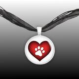 White Paw Print Silhouette on Puffy Red Heart 1" Pendant Necklace in Silver Tone