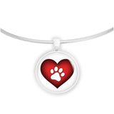 White Paw Print Silhouette on Puffy Red Heart 1" Pendant Necklace in Silver Tone