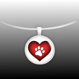 White Paw Print Silhouette on Puffy Red Heart 1" Pendant Necklace in Silver Tone