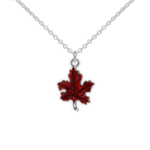 Crimson Red Maple Leaf Petite Pendant Necklace in Silver Tone, Autumn, Thanksgiving