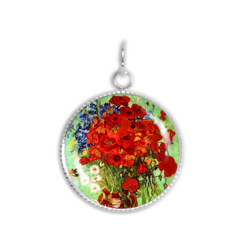 Crimson Red Poppy & Cheery Daisy Flowers Van Gogh Painting 3/4" Charm for Petite Pendant or Bracelet in Silver Tone