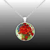 Crimson Red Poppy & Cheery Daisy Flowers Van Gogh Art Painting 1" Pendant Necklace in Silver Tone