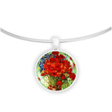 Crimson Red Poppy & Cheery Daisy Flowers Van Gogh Art Painting 1" Pendant Necklace in Silver Tone