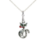 Rhinestone Kitty Cat w/ Green Eyes & Red Collar Pendant Cable Chain Necklace Antique Silver Tone