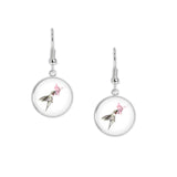 Ruby Throated Hummingbird Color Pencil Drawing Style Dangle Earrings w/ 3/4" Charms in Silver Tone