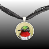 Crimson Red Throated Male Hummingbird Photo 1" Pendant Necklace in Silver Tone