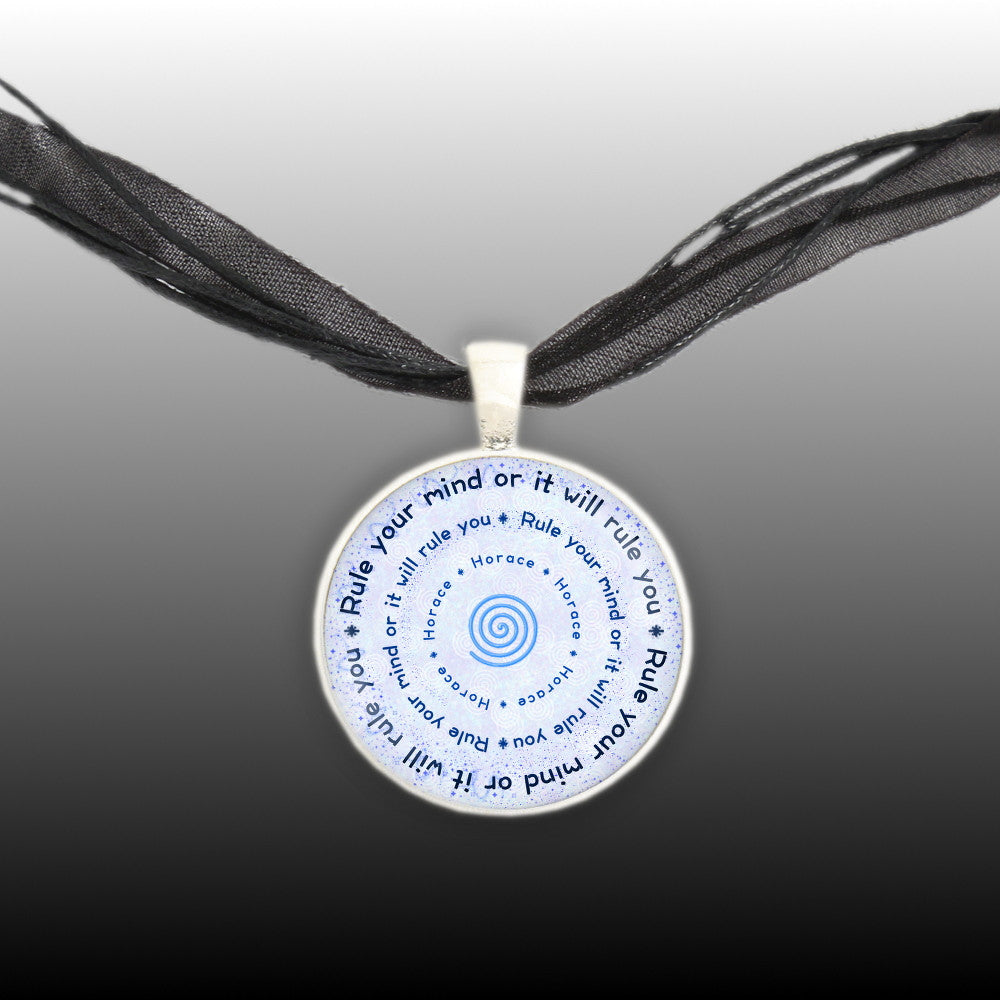 Rule Your Mind or It Will Rule You Horace Quote Spiral Bullseye 1" Pendant Necklace in Silver Tone