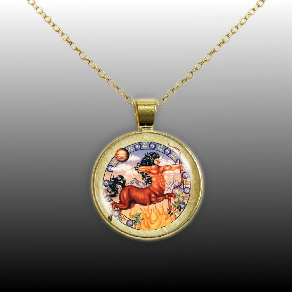 Sagittarius the Centaur & Archer Astrological Sign in the Zodiac Illustration 1" Pendant Necklace in Gold Tone