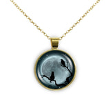 Cat, Crow or Raven Bird in Tree w/ Blue Moon Autumn & Halloween Illustration Art 1" Pendant Necklace in Gold Tone