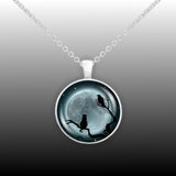 Cat, Crow or Raven Bird in Tree w/ Blue Moon Autumn & Halloween Illustration Art 1" Pendant Necklace in Silver Tone