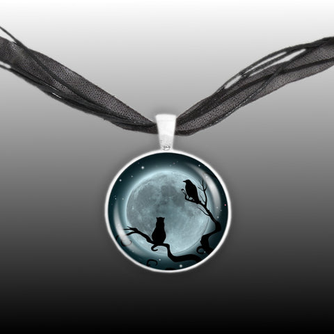 Cat, Crow or Raven Bird in Tree w/ Blue Moon Autumn & Halloween Illustration Art 1" Pendant Necklace in Silver Tone