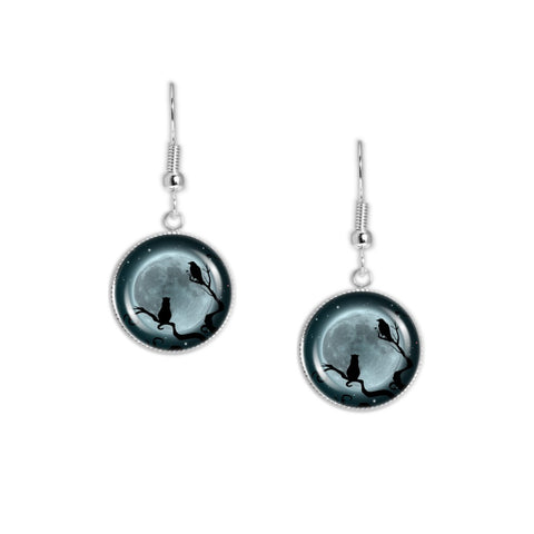Cat, Crow or Raven Bird in Tree Against Blue Moon Dangle Earrings w/ 3/4" Charms in Silver Tone