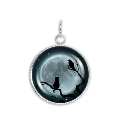 Cat, Crow or Raven Bird in Tree w/ Blue Moon Autumn & Halloween Illustration Art 3/4" Charm for Petite Pendant or Bracelet in Silver Tone