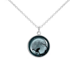 Cat Licking Paw in Tree Against Blue Moon 3/4" Charm for Petite Pendant or Bracelet in Silver Tone, Halloween, Autumn