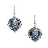 Persian Blue & Silver Color Skull & Crossbones Cameo Vintage Style Dangle Earrings in Silver Tone