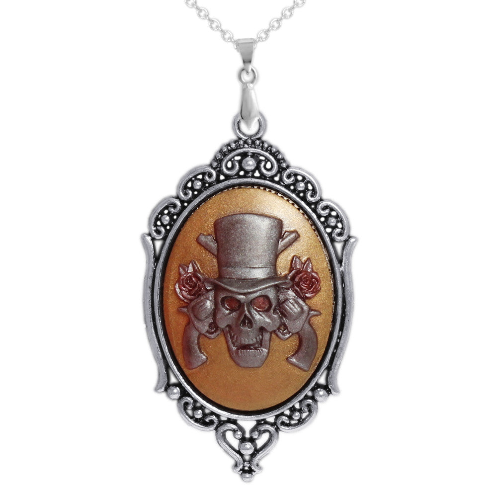 Skull w/ Guns & Roses Magenta Red and Gold Color Cameo Vintage Style Pendant Chain Necklace Silver Tone