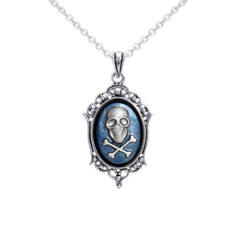Persian Blue & Silver Color Skull & Crossbones Cameo Vintage Style Pendant Necklace in Silver Tone