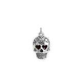 Dark Red Heart Eyes Fancy Sugar Skull Petite Drop Pendant Necklace in Silver Tone
