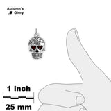 Dark Red Heart Eyes Fancy Sugar Skull Petite Drop Pendant Necklace in Silver Tone