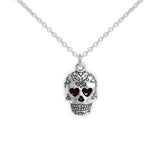 Dark Red Heart Eyes Fancy Sugar Skull Petite Drop Pendant Necklace in Silver Tone