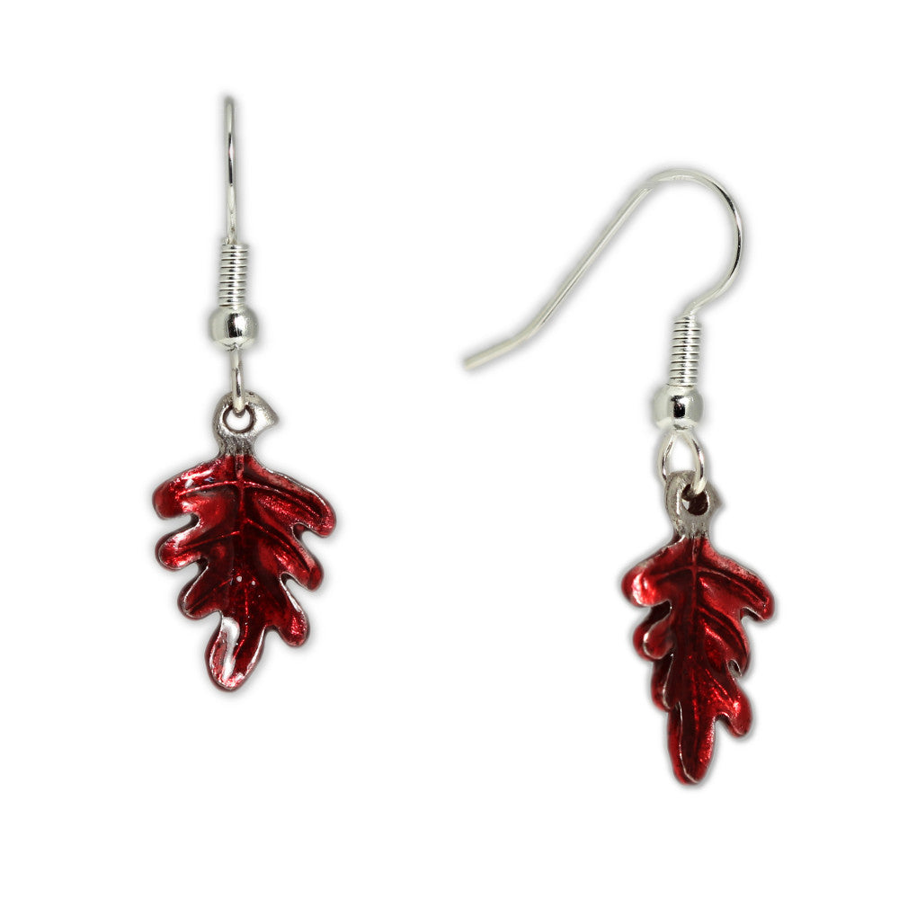 Crimson Red Petite Oak Leaf Earrings in Silver Tone, Celebrate Fall, Harvest, Halloween, Thanksgiving