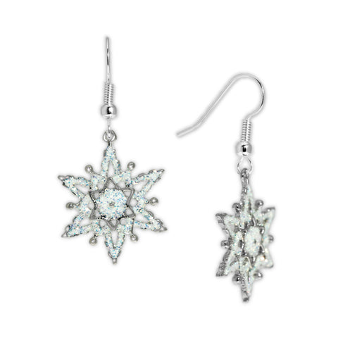 Glittery White Snowflake Earrings in Silver Tone, Celebrate the Holidays, Christmas, New Years, Winter
