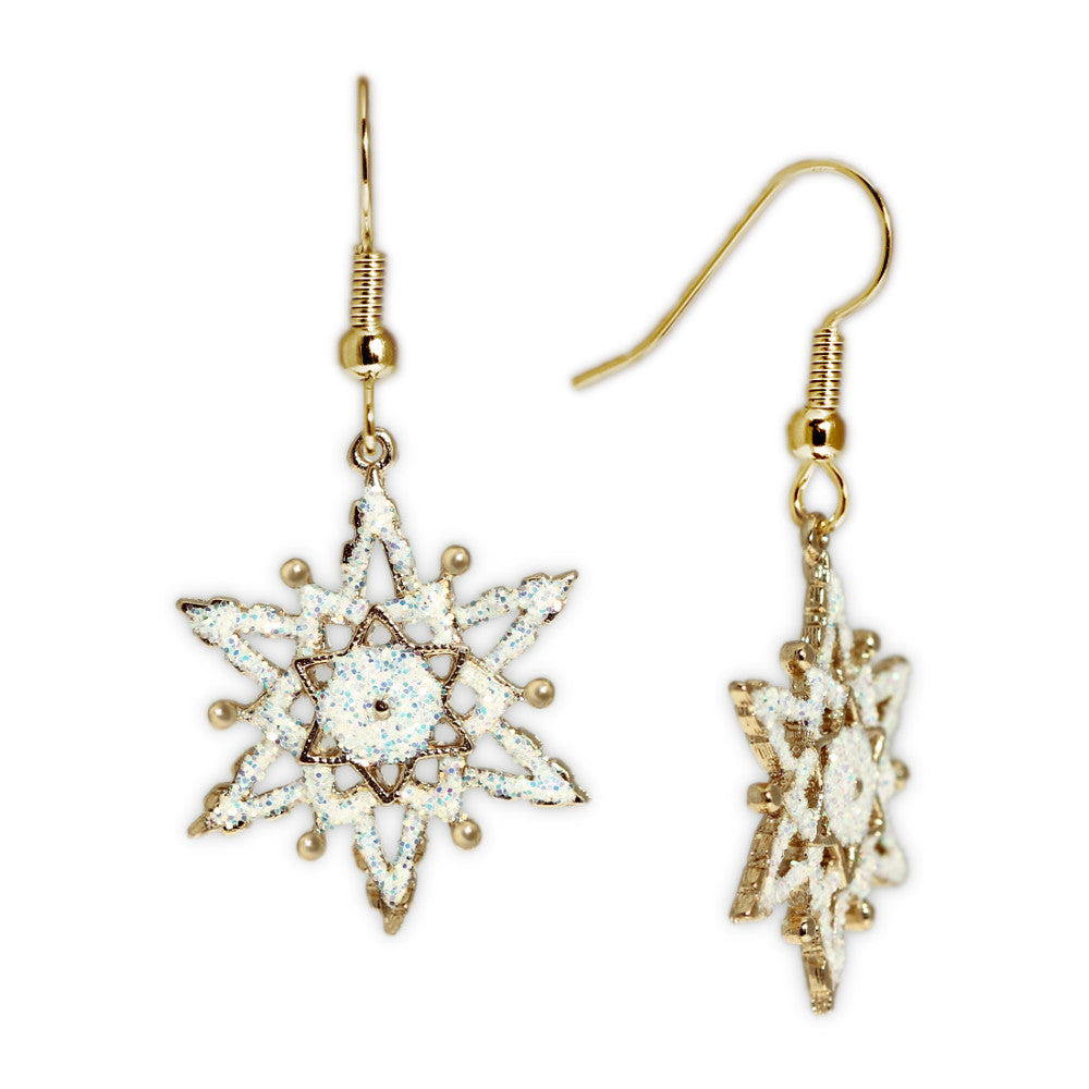 Glittery White Snowflake Earrings in Gold Tone, Celebrate the Holidays, Christmas, New Years, Winter