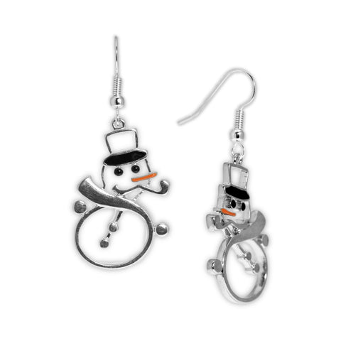 Cutout Snowman with Orange Carrot Nose & Black Hat Earrings in Silver Tone, Holidays, Christmas, Winter