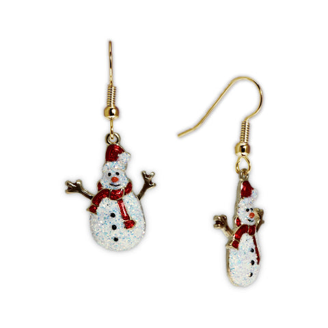 Glittery Snowman Wearing Santa Hat Earrings in Gold Tone, Holidays, Christmas, Winter