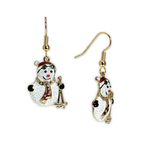 Shoop! Shoop! Glittery White Snowman with Skis Earrings in Gold Tone, Celebrate the Holidays, Christmas