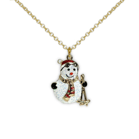 Shoop! Shoop! Glittery White Snowman with Skis Petite Drop Pendant Necklace in Gold Tone