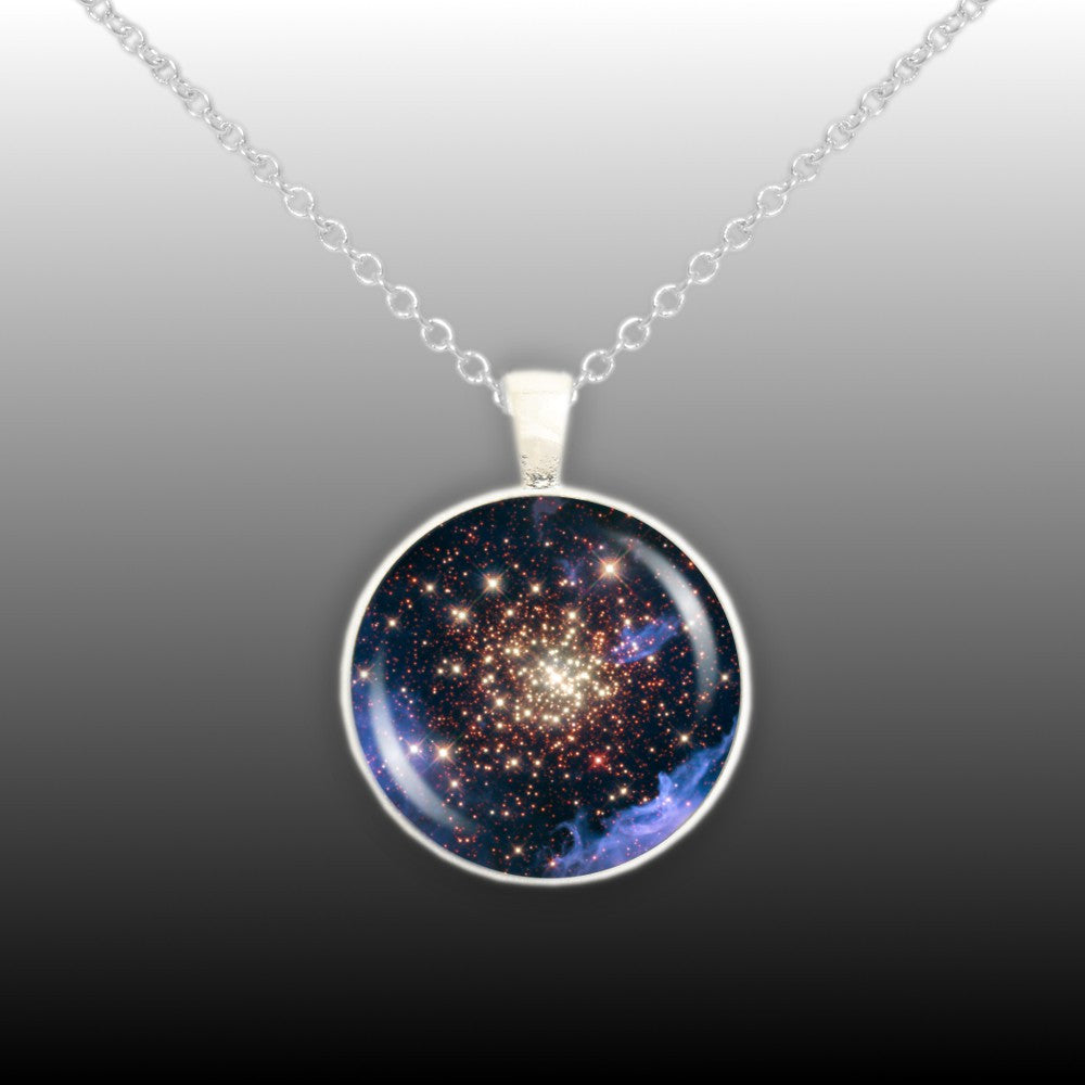 Starburst Cluster NGC 3603 in the Constellation Carina Space 1" Pendant Chain Necklace in Silver Tone