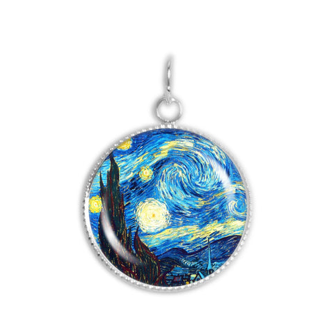 The Starry Night Van Gogh Art Painting 3/4" Charm for Petite Pendant or Bracelet in Silver Tone